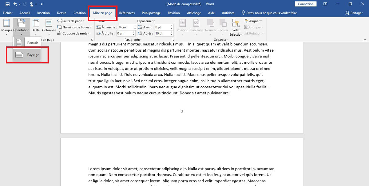 Mettre une page Word en Paysage