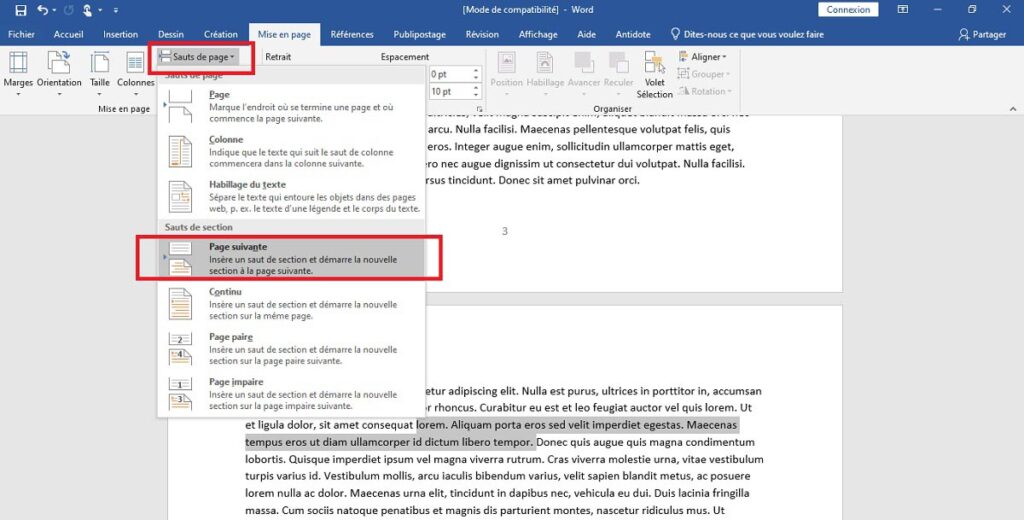 Word comment mettre une seule page en Paysage