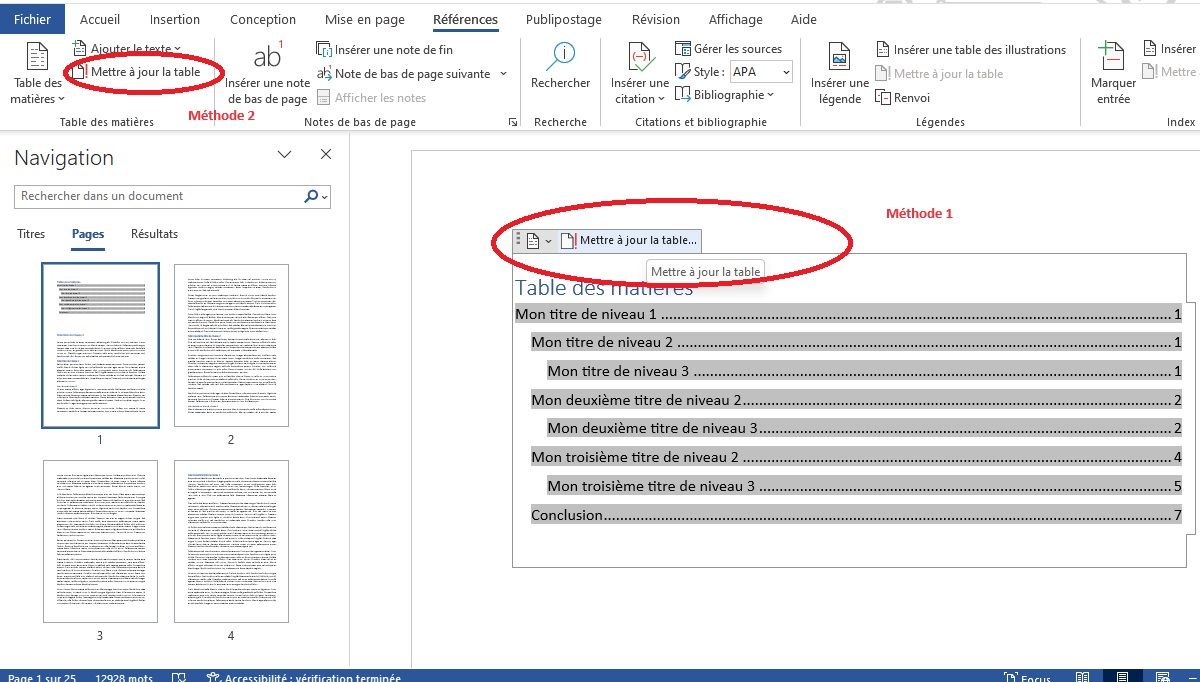 Mettre à jour la table des matières Word